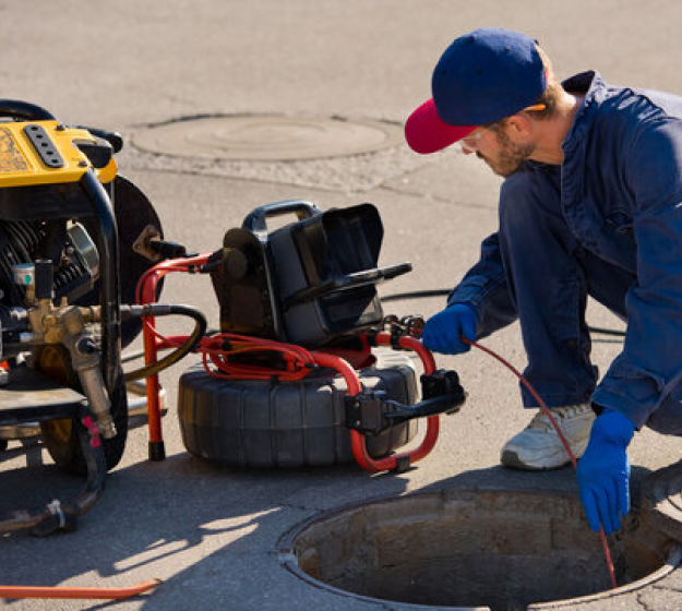 Technician in blue gloves inserting a sewer camera line into an open manhole for a pipe inspection.
